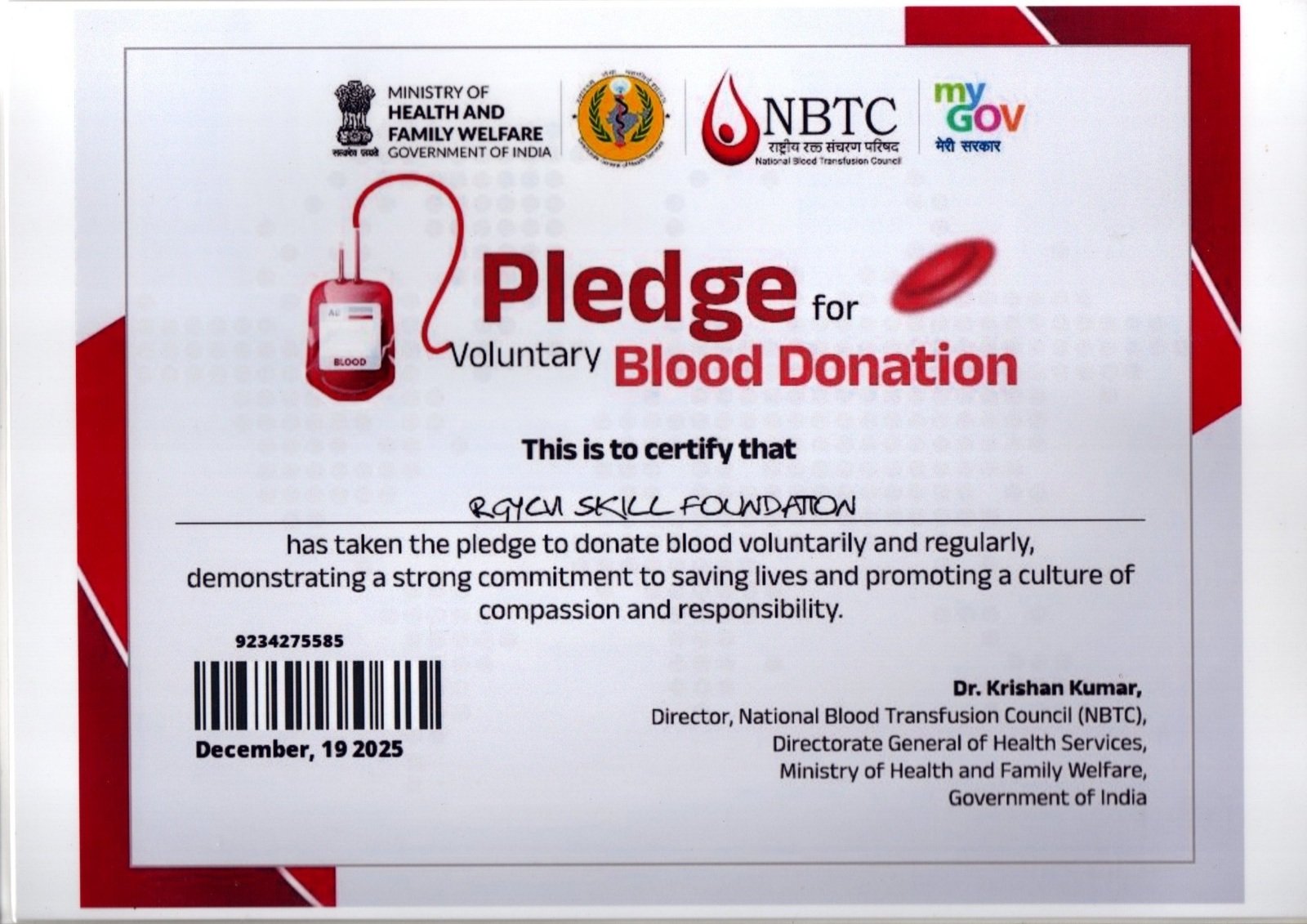 Voluntary Blood Donation Pledge